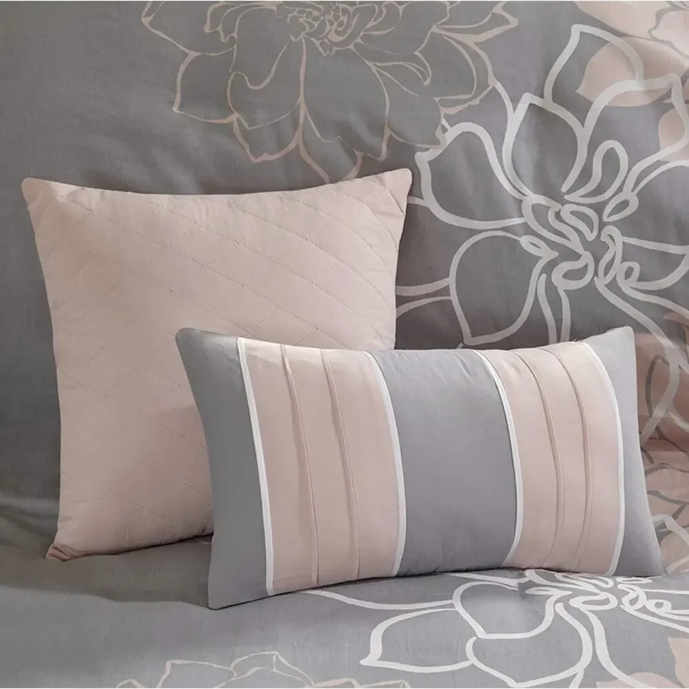 Madison Park Lola Queen Comforter shams skirt pillows Set Grey/Pink/White NEW